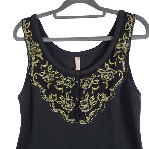 Free People ‎ Black Gold Button Embroidered Front Fit Flare Sheath Dress Size 8 - Picture 3 of 7